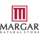 Logo de Margar Natural Stone con diseño de letras rojas y negras.