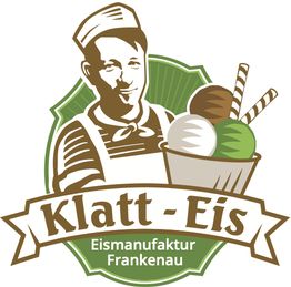 Logo von Klatt-Eis mit einem Mann und einem Eisbecher, Text "Eismanufaktur Frankenau".