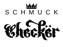 „Schmuck Checker“-Text mit Krone, in verschiedenen Schriftarten gestaltet.
