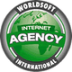 Grünes Logo mit der Aufschrift "Worldsoft Internet Agency International" und Weltkarte im Hintergrund.