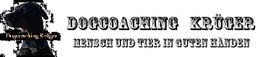 Profil eines Hundes mit Text: "Dogcoaching Krüger. Mensch und Tier in guten Händen".