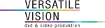 Logo von Versatile Vision mit dem Text "dvd & video produktion" und bunten Linien oben und unten.