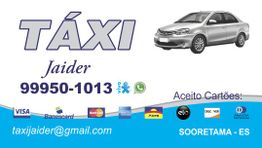 Cartão de táxi Jaider com contato e imagem de carro, aceitando diversos cartões em Sooretama, ES.