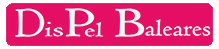 Texto blanco "DisPel Baleares" sobre fondo rosa.