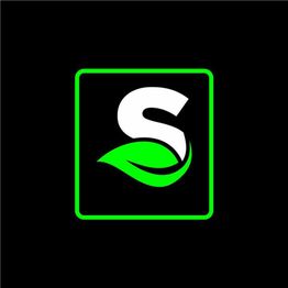 The letter "S" with a green leaf on a black background inside a bright green square.