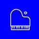 Outline of a grand piano on blue background with arrow above.