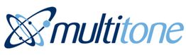 Multitone-Logo mit blauen Atomkreis-Designs links neben dem Firmennamen.