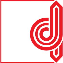 Red geometric letter "d" design within a white square outline.