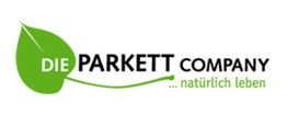 Logo mit grünem Blatt und Text: "Die Parkett Company ... natürlich leben".