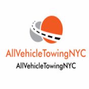 Logo of AllVehicleTowingNYC with an orange and grey road curving around an orange circle.