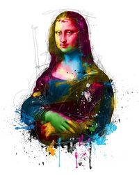 Bunt gesprenkeltes Porträt der Mona Lisa auf weißem Hintergrund.
