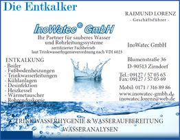Geschäftskarte mit InoWatec GmbH-Logo, Text zu Wasseraufbereitung und Entkalkung, Kontaktinfo.