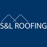 Logo for S&L Roofing with roof outlines on a blue background.