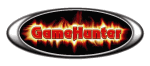 Logo mit "GameHunter" in Flammenoptik, ovaler Rahmen, schwarzer Hintergrund.