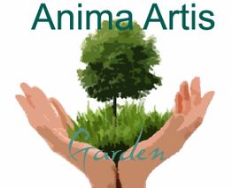 Hände halten Baum mit Text "Anima Artis Garden" oben.