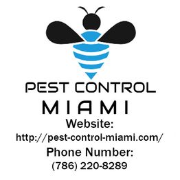 Bee logo for Pest Control Miami with contact info and website URL.