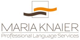 Logo mit "Maria Knaier Professional Language Services", zwei wellenförmige Linien in Braun und Orange.