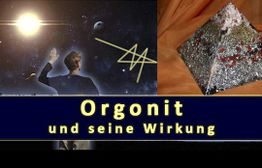Ein Mensch schaut in den Weltraum; daneben eine Orgonit-Pyramide. Text: "Orgonit und seine Wirkung".