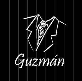 Dibujo de un traje blanco sobre fondo negro, con la palabra "Guzmán" en letra cursiva.
