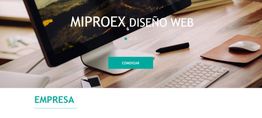 Ordenador en un escritorio con "MIPROEX DISEÑO WEB" en la pantalla y botón "COMENZAR".