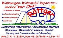 Wohnwagen-Wohnmobil Service "Röttger" mit Kontaktinfos und Leistungen wie Gasprüfung, Reparaturen.