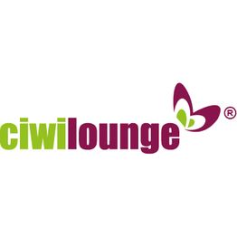 Logo mit Text "ciwilounge" in Grün und Violett, daneben ein stilisierter Schmetterling.