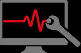 Ein Monitor zeigt eine rote Herzlinie, daneben ein grauer Schraubenschlüssel als Symbol für Reparatur.