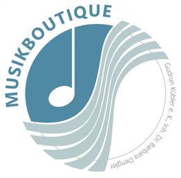 Kreislogo mit Notenzeichen, Schriftzug "MUSIKBOUTIQUE" und Designername.