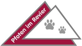 Logo: "Pfoten im Revier" mit zwei Pfotenabdrücken in einem dreieckigen Design.