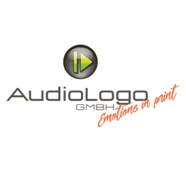 Logo mit Schriftzug "AudioLogo GmbH" und Text "Emotionen im Punkt", daneben ein Play-Symbol.