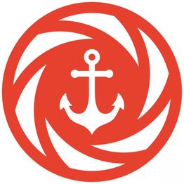 Roter Kreis mit weißem Anker in der Mitte, umgeben von weißen, drehenden Blattformen.