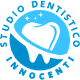 Logo Studio Dentistico Innocenti con dente orbitante e stelle, sfondo blu e bianco.