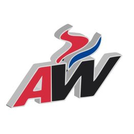 AW-Logo mit rot-blauer Flamme obendrauf, auf grauem Hintergrund.