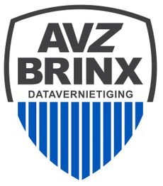 Schildvormig logo met tekst "AVZ BRINX Datavernietiging" en blauw-wit gestreept patroon.