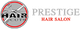 Logo: Scissors and comb over "Haircuts", with "Prestige Hair Salon" text in gray and red.