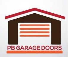 Logo of PB Garage Doors featuring a stylized garage with red and brown colors.