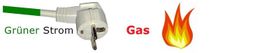 Stecker mit Aufschrift "Grüner Strom" und Flammensymbol mit Aufschrift "Gas".