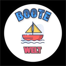 "Logo mit buntem Segelboot und Text 'Boote Welt' auf weißem Kreis, schwarzer Hintergrund."