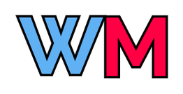 Letras "WM" estilizadas, "W" azul claro y "M" roja, en fondo negro.