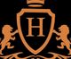An orange crest with the letter "H" and two lions on a black background.
