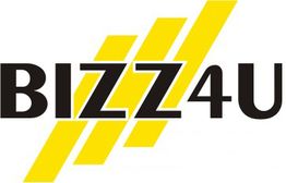 Schwarzer Text „BIZZ4U“ mit drei gelben Streifen im Hintergrund.