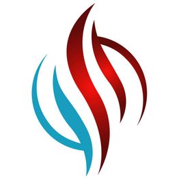 Abstract logo with red and blue curved shapes interwoven, resembling flames or ribbons.