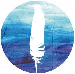 Witte veer op een blauwe en paarse achtergrond in een cirkelvormig ontwerp.