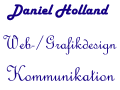 Blauer Text auf weißem Hintergrund: "Daniel Holland, Web-/Grafikdesign, Kommunikation".