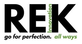 Logo mit dem Text: "REK Innovation, go for perfection. all ways" in Schwarz und Grün.