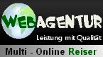 Logo mit Globus, Text: "WEBAGENTUR Leistung mit Qualität, Multi-Online Reiser" in grün und schwarz.