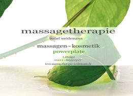 Grünes Blatt mit Text zu Massagetherapie, Kosmetik und Kontaktdaten über dem Bild.