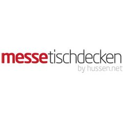 Logo mit Text: "messetischdecken by hussen.net" in roten und schwarzen Buchstaben.