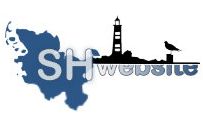 Logo mit Umriss von Schleswig-Holstein, Leuchtturm und Vogel, Text: "SHwebsite".
