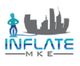Logo of Inflate MKE, featuring a city skyline and a figure inflating it, with blue text below.